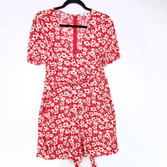 Madewell Romper Womens 4 Red Floral Shorts Wrap Front Top Zip Back Pockets - Picture 2 of 15